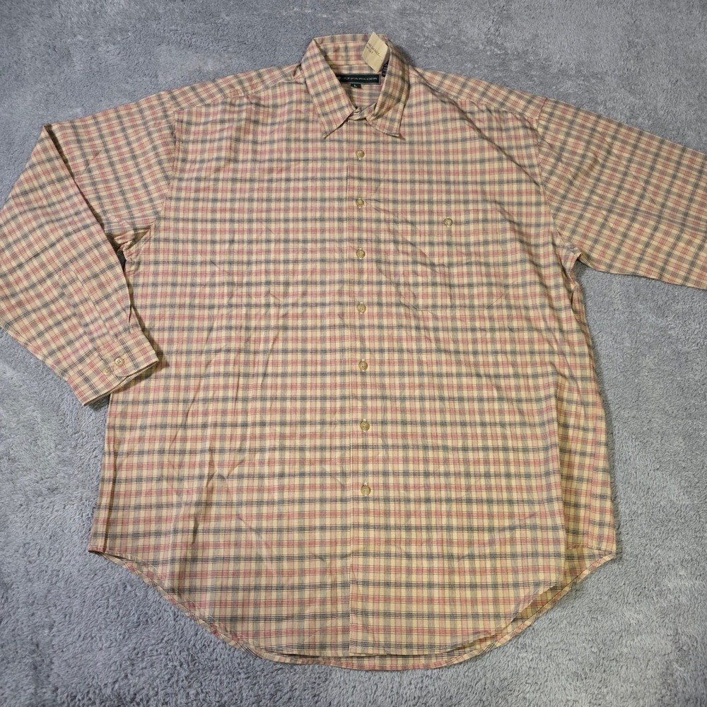 JJ Farmer Mens Large Button Down Shirt Tan Plaid Rayon Blend Long Sleeve 42326